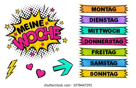 German Weekday labels. Set of comic stickers for week planner. Title of the Days of the Week in pop art style. Cartoon Vector illustration for Germany or Austria. Translation: Days of the week