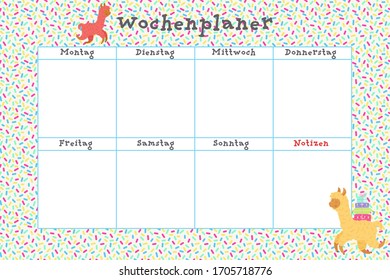 German weekly calendar. "Wochenplaner, Montag, Dienstag, Mittwoch, Donnerstag, Freitag, Samstag, Sonntag, Notizen" means Weekly planner, Monday, Tuesday, Wednesday, Thursday, Friday, Saturday, Sunday,