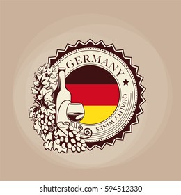 German Wines, round label, patch, with wine bottle and grape vines, vector illustration