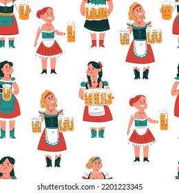 German woman with beer mugs vector cartoon seamless pattern background for wallpaper, wrapping, packing, and backdrop.
