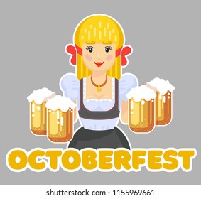 German woman with beer. Oktoberfest logo design. Girl waitress in traditional clothes. Flat vector illustration