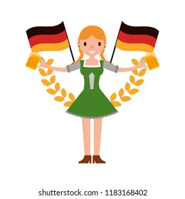 german woman with beers jars and flags