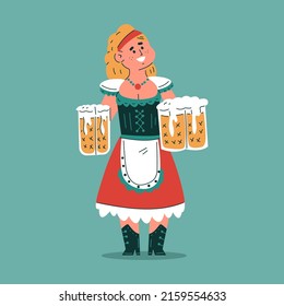 German woman in national costume with beer mugs Oktoberfest vector cartoon character isolated on background.