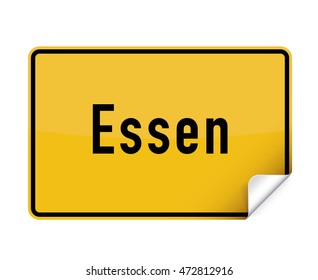 German yellow square city sign sticker from Essen with curly corner.