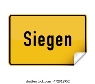 German yellow square city sign sticker from Siegen with curly corner.