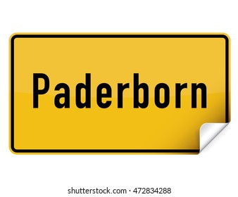 German yellow square city sign sticker from Paderborn with curly corner.