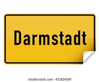 German yellow square city sign sticker from Darmstadt with curly corner.