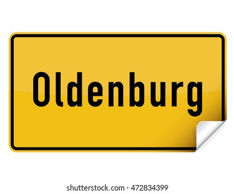 German yellow square city sign sticker from Oldenburg with curly corner.