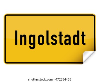 German yellow square city sign sticker from Ingolstadt with curly corner.