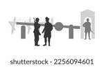Germanic checkpoint silhouette. WW2 blockpost with soldiers and officer. World War 2 isolated scene. 1940s military panorama. Vector illustration
