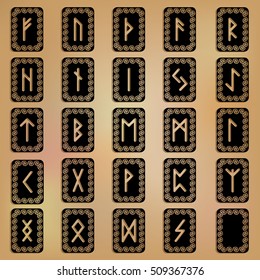 Germanic runic symbols. Vector illustration. Black cards.