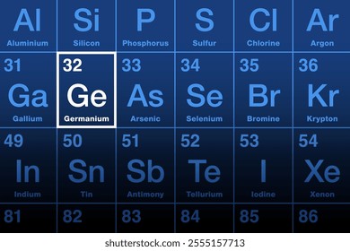 Germanium element on the periodic table. Metalloid with atomic number 32 and element symbol Ge, named after the country name Germany. Used as semiconductor in transistors and other electronic devices.