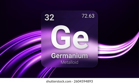 Germanium (Ge) (032) Metalloid, Glass Morphism Element Futuristic Neon Light Glow Background Periodic Table, Chemical Symbol, Name, Atomic Mass, Atomic Number, Vector Illustration
