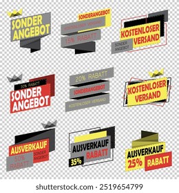 German-Language Promotional Vectors of sale, discount, free shipping, special offer, this week only, today only, order today, get it tomorrow, order online, one day shipping, big sale, mega sale