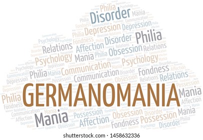 Germanomania word cloud. Type of mania, made with text only.
