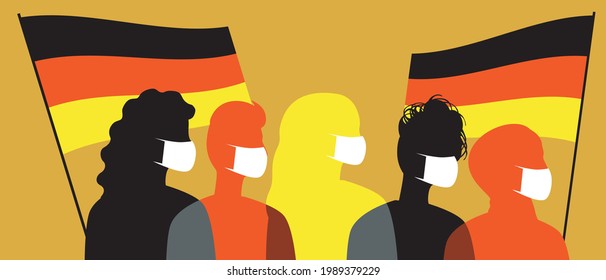 Germans in face masks with flags of Germany. Silhouette vector stock illustration. Medical mask at lockdown. People against the coronavirus in Germany. Color illustration