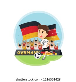 German's Football player  team in white and black uniforms with fans background.