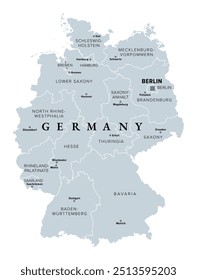 Alemanha, 16 estados constituintes com fronteiras e capitais, mapa político cinza. Oficialmente, a República Federal da Alemanha, um país da Europa Central com capital Berlim. Ilustração isolada. Vetor