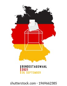 Germany 2021 federal parliament Bundestag Election day. Transparent polling box, bullotin, check mark, national flag at country map silhouette. Vector banner. Translation from German: federal election