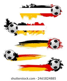 Germany 2024 euro soccer cup grunge banners. Vector soccer balls with vibrant brush strokes in black, red and yellow German team flag colors. Horizontal scratchy layout frames for championship events