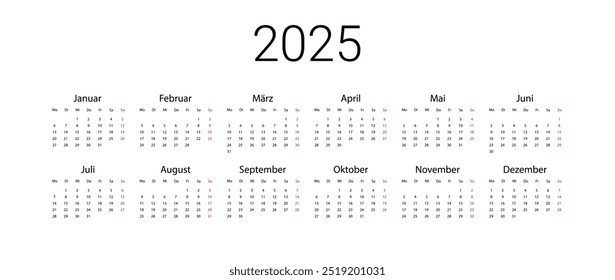 Germany 2025 calendar. Vector design template start from monday. Full months for wall calendar