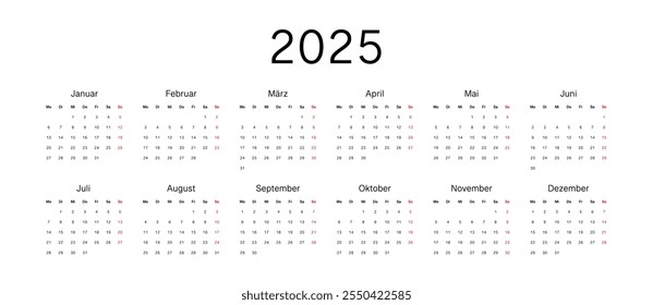 Germany 2025 calendar. Vector design template start from monday. Full months for wall calendar, vector 10 eps.