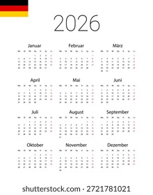 Alemania 2026 calendario. La Plantilla de diseño de Vector comienza el lunes. Meses completos para el calendario de la pared. fondo aislado de la pared.