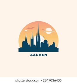 Germany Aachen cityscape skyline city panorama vector flat modern logo icon. North Rhine-Westphalia emblem idea with landmarks and building silhouettes at sunrise sunset svg