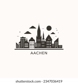 Germany Aachen cityscape skyline city panorama vector flat modern logo icon. North Rhine-Westphalia emblem idea with landmarks and building silhouettes at night svg