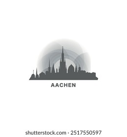 Alemanha Paisagem urbana da cidade Aachen panorama da cidade vetor plano ícone de logotipo moderno. Renânia do Norte-Vestefália emblema ideia com marcos e silhuetas de construção à noite, pôr do sol, nascer do sol