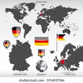 Germany administrative divisions map, Earth globe, World and Europe maps showing country location and Germany flags icon set.