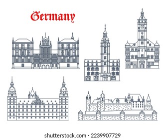 Germany architecture of Altenburg, Gera, Coburg and Aschaffenburg, vector buildings. German landmarks of Thuringia and Bavaria, Rathaus town hall, Veste Fortress, Ehrenburg and Johannisburg castle