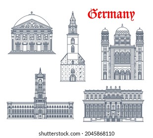 Deutschland Architektur, Berliner Gebäude und historische Wahrzeichen, Vektorsymbole. Kirche Marienkirche, Rotes Rathaus und Schloss Kronprinzenpalais, Kathedrale St. Hedwig Dom und Neue Synagoge Berlin