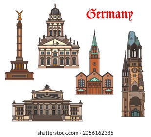 Germany architecture, Berlin landmarks and buildings, vector German churches and cathedrals. St Matthaus Kirche, Victory Column and French cathedral, Konzerthaus and Kaiser Wilhelm Memorial church