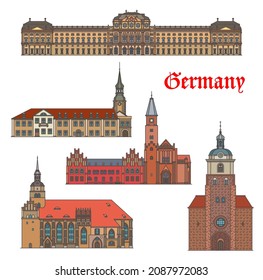 Germany architecture buildings of Brandenburg and Wurzburg, vector. German cathedrals of St Peter and Paul, Wurzburg Bishop Residence, Spremberg Rathaus and Sankt Katharinen church and Gotthardtkirche