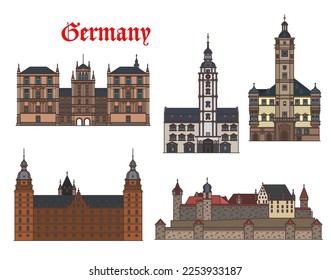 Germany architecture buildings, castles of Bavaria and Thuringia, vector landmarks. German city Altenburg, Gera, Coburg and Aschaffenburg buildings, Veste Fortress, Ehrenburg or Johannisburg castle