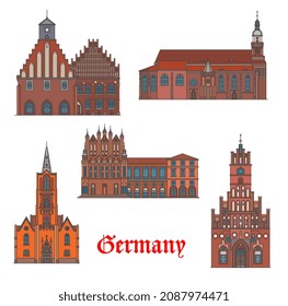 Deutschland Architektur Gebäude, Kathedralen und Kirchen von Frankfurt Oder, Vektor. Deutsche Wahrzeichen Sankt Gertraud Kirche, Branderbrug Rathaus, Zinna Kloster in Juteborg und Oberkirche in Cottbus