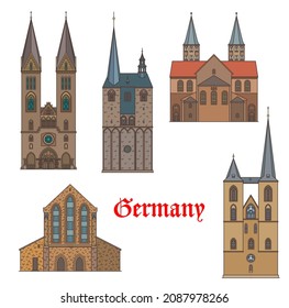 Germany architecture buildings, cathedrals and churches of Quedlinburg, vector. German travel landmarks Sankt Benedikt, Stephanus and Martin cathedrals in Halberstadt in Sachsen Anhalt