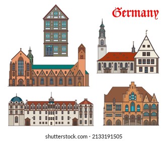 Edificios arquitectónicos alemanes de Celle y Hildesheim, puntos de referencia de vectores de viajes. Sinagoga y Stadtkirche o Santa Marién o iglesia y castillo de Celle, Hildesheim rathaus y Hildesheimer Dom