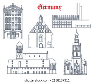 Germany architecture buildings of Chemnitz, Kamenz and Zwickau, vector travel landmarks. German buildings of Siegertsches Haus or Siegert House, Stadthalle city hall, St Mary Church Marienkirche