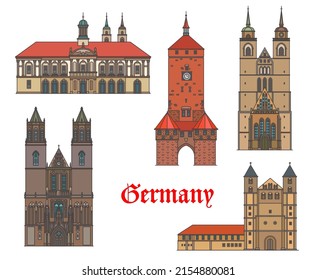 Alemania, edificios arquitectónicos de Magdeburgo y Naumburg, puntos de referencia alemanes vectores. Marienkirche o Iglesia de Santa María, Catedral de San Mauricio y Catalina, Puerta de la ciudad de Marientor y Dom de la Magdeburger