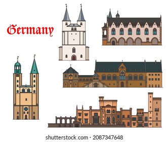 Germany architecture buildings of Potsdam and Goslar, travel vector landmarks. Babelsberg Schloss Palace in Potsdam, Marktkirche of St Cosmas and Damian and Kaiserpfalz Imperial Palace in Germany