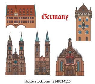 Germany architecture buildings and travel landmarks of Nuremberg and Nassau, vector. Germany buildings of Heilig Geist Spital or Hospital of Holy Spirit, churches of St Sebaldus and Saint Lawrence