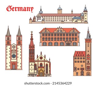 Edificios arquitectónicos alemanes, monumentos de Wurzburg, iglesias vectoriales y catedrales. Dom de San Kilians, altes rathaus, capilla de Marienkapelle o de Santa María, fortaleza de Marienberg y Falkenhaus