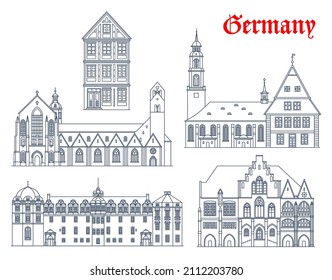 Germany architecture, Celle and Hildesheim landmarks, travel vector sightseeing. Celle Castle, Synagogue and Stadtkirche, Hildesheim rathaus and Hildesheim Cathedral or Hildesheimer Dom in Germany