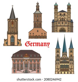 Germany architecture, Cologne and Bonn travel landmark buildings, vector. Bonn cathedral, Saint Pantaleon church, St Ursula, Sankt Severin basilica and Altes Rathaus city hall, Germany landmarks