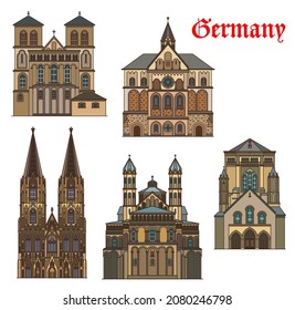 Arquitectura alemana de Colonia, edificios históricos de viajes de Koln, vector. Catedral de Colonia o Dom Kolner, iglesias de San Andrés y Cunibert, Basílica de San Gereón, arquitectura medieval alemana