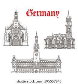 Germany architecture and German famous landmark buildings. Vector isolated icons and facades of Hamburg Town Hall or Rathaus, Frauenkirche or Our Lady and St Michaelis or Michael Church