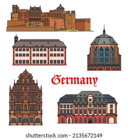 Deutsche Architektur, Heidelberger Kirchen und Schlösser, Architektur und Reise-Vektorlandschaften. Deutsche Wurttemberg Heiliggeistkirche, Haus zum Ritter, Schlossberg Schloss und Ruprecht Karl Universität