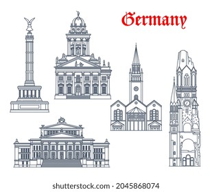 Germany architecture and landmark buildings of Berlin, vector icons. German church of Saint Matthew or St Matthaus Kirche, Victory Triumph Column, French cahtedral Franzosischer Dom of Friedrichstadt